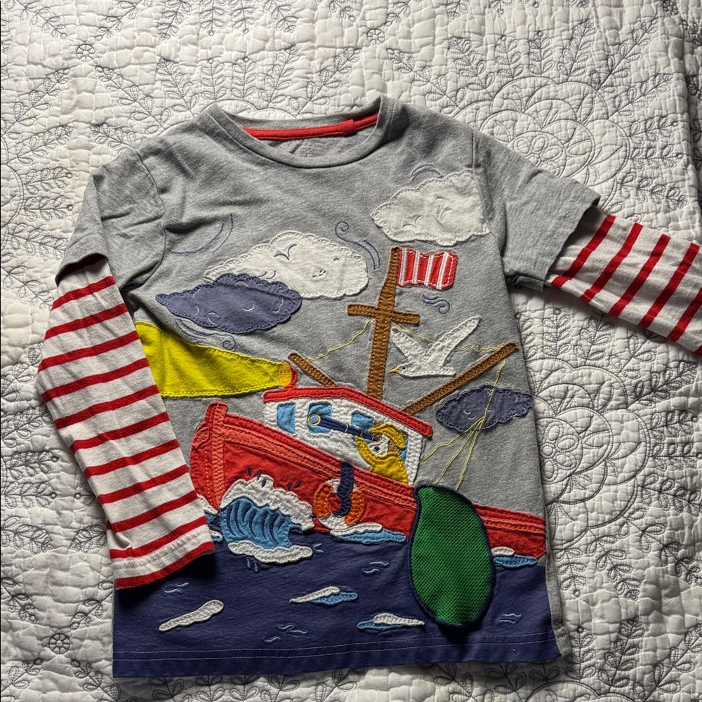 Mini Boden Gray Nautical Long Sleeve Tee with Red Stripes